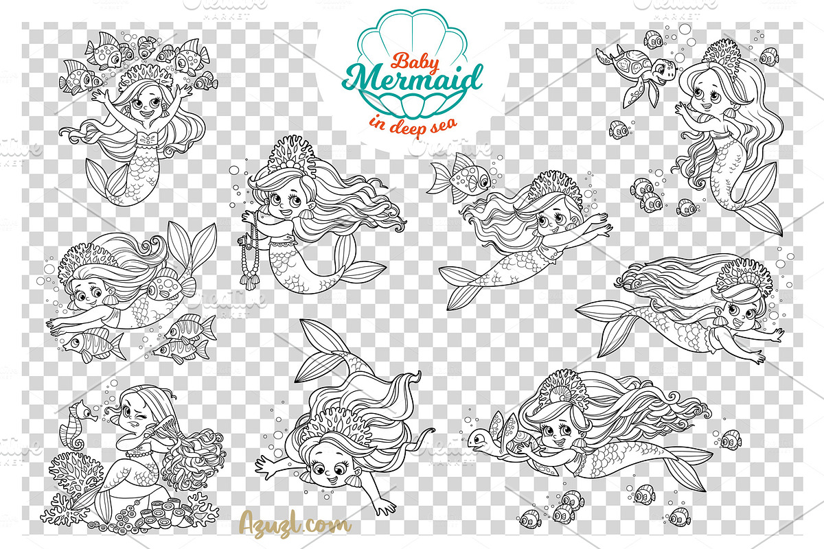 Mermaid in deep sea coloring pages, an Illustration by Azuzlikus (Photo 5 of 11)
