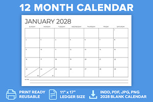 2028 11x17 Inch Calendar Template