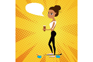 Cute Hipster Girl On Longboard. Fashion Vector Illustration With Comics Style Bubble For Text.