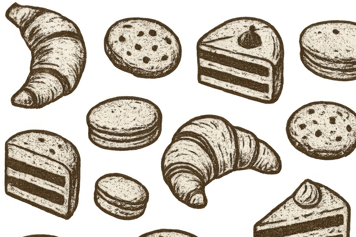 Assorted pastries including croissan, an Illustration by Dvoevnore photos