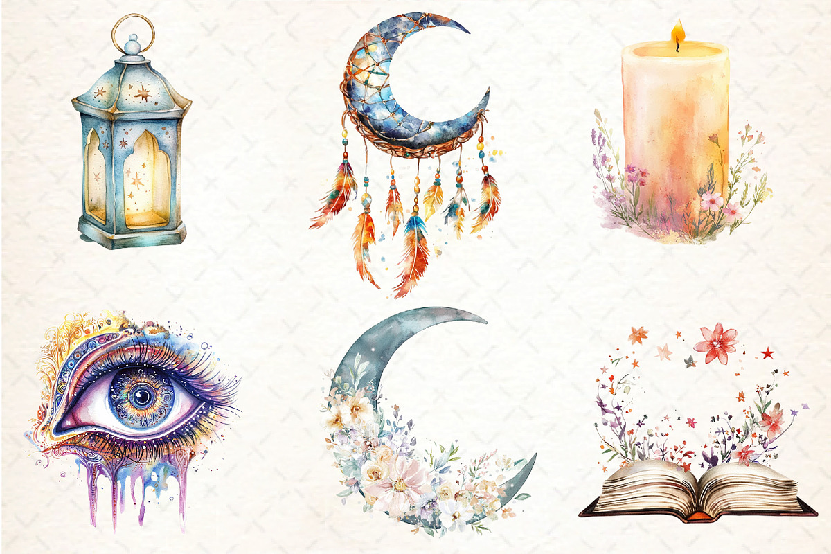 Watercolor Dreamy Boho Clipart PNG, an Illustration by DreamCafeArt (Photo 3 of 5)