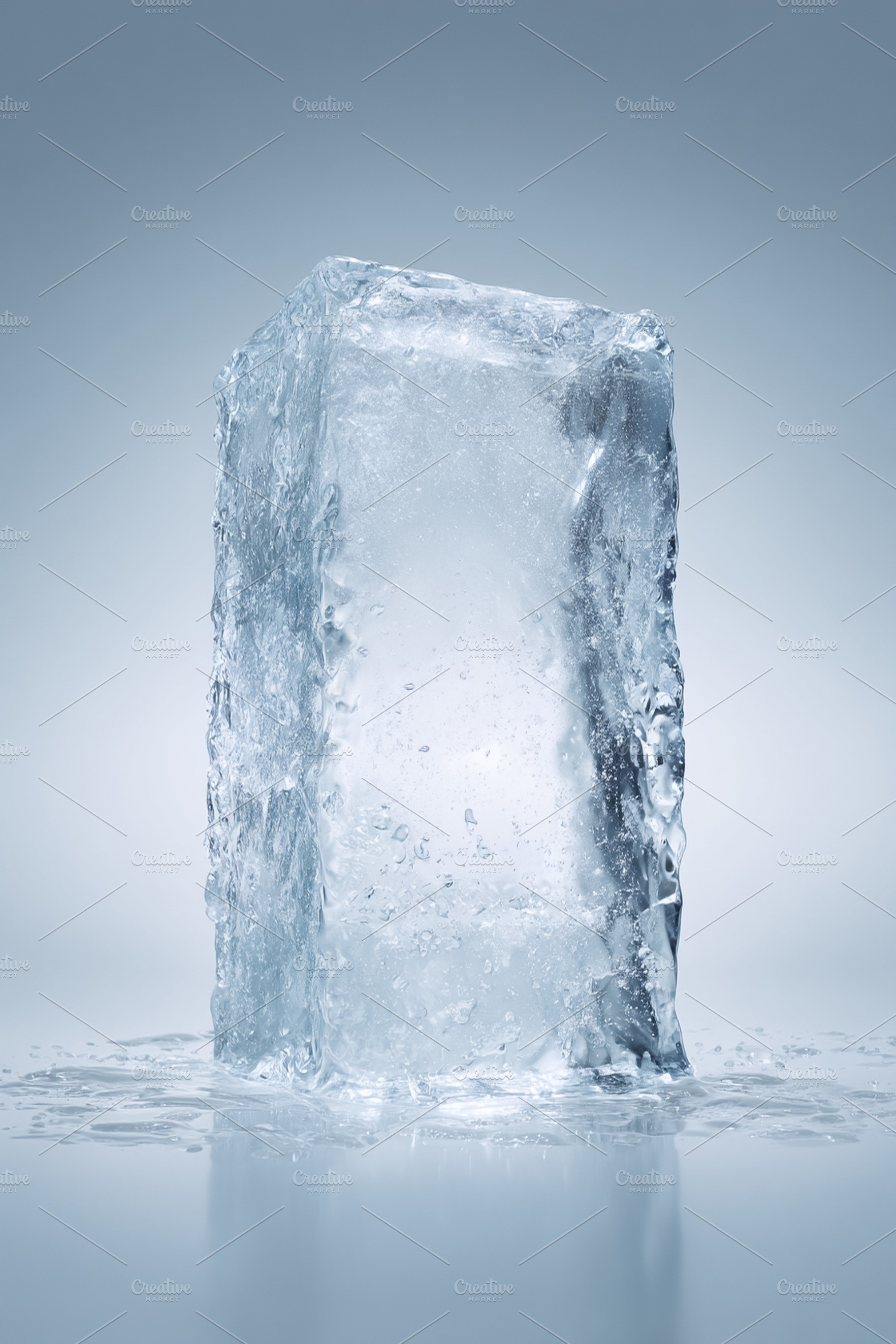 Clear ice block standing on reflective surface with melting water forming puddl, a Photo by Studio ANNA