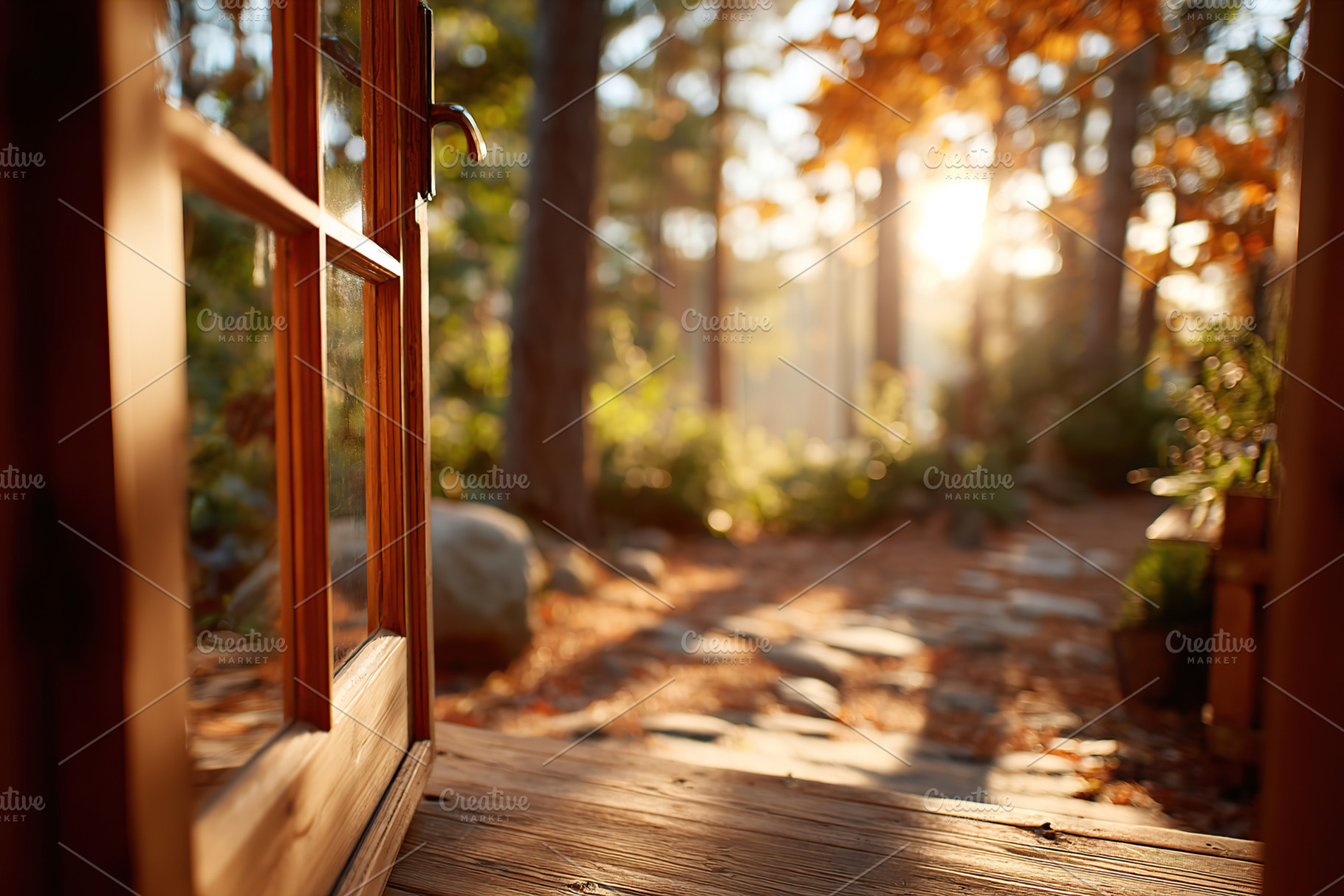 Warm cabin in the woods with an inviting open door and sunlight filtering throu, an Abstract Photo by AlyaAnd