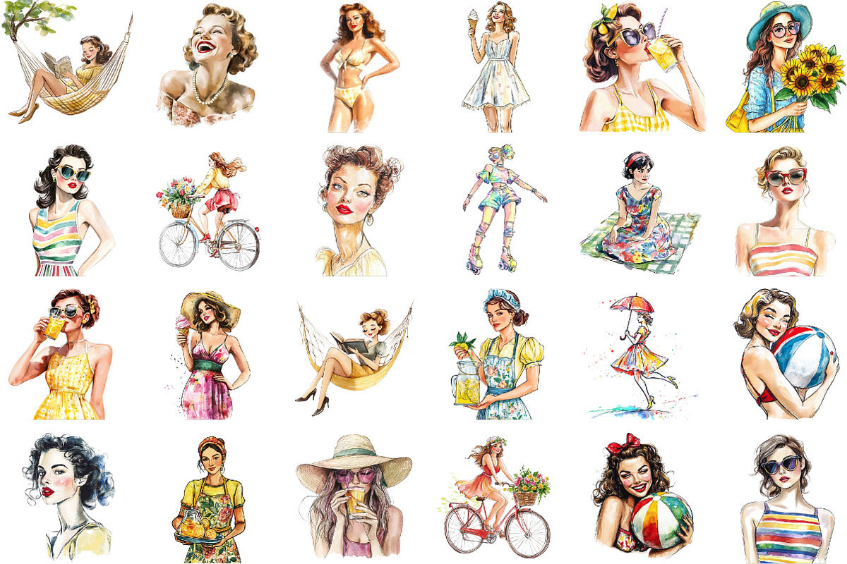 Summer Vintage Woman Clipart, an Illustration by Sublimation Artist (Photo 2 of 6)