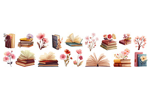 Books floral set. book open stacked, an Illustration by Stock-Smart-Start