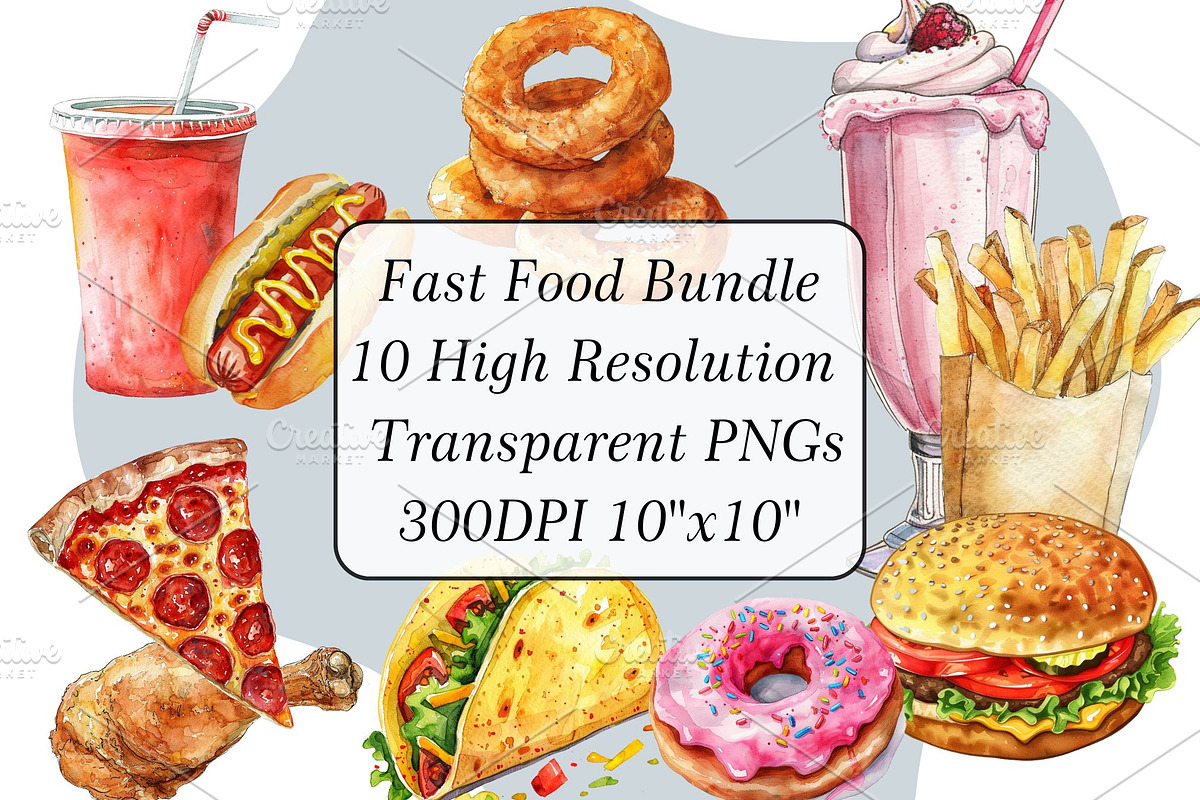 10 Fast Food Watercolor Illustration, a Food Illustration by 1801Prints (Photo 1 of 11)