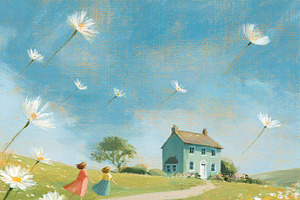 Girls walking on a country path through a field of wildflowers w, a Decorative Illustration by Studio ANNA