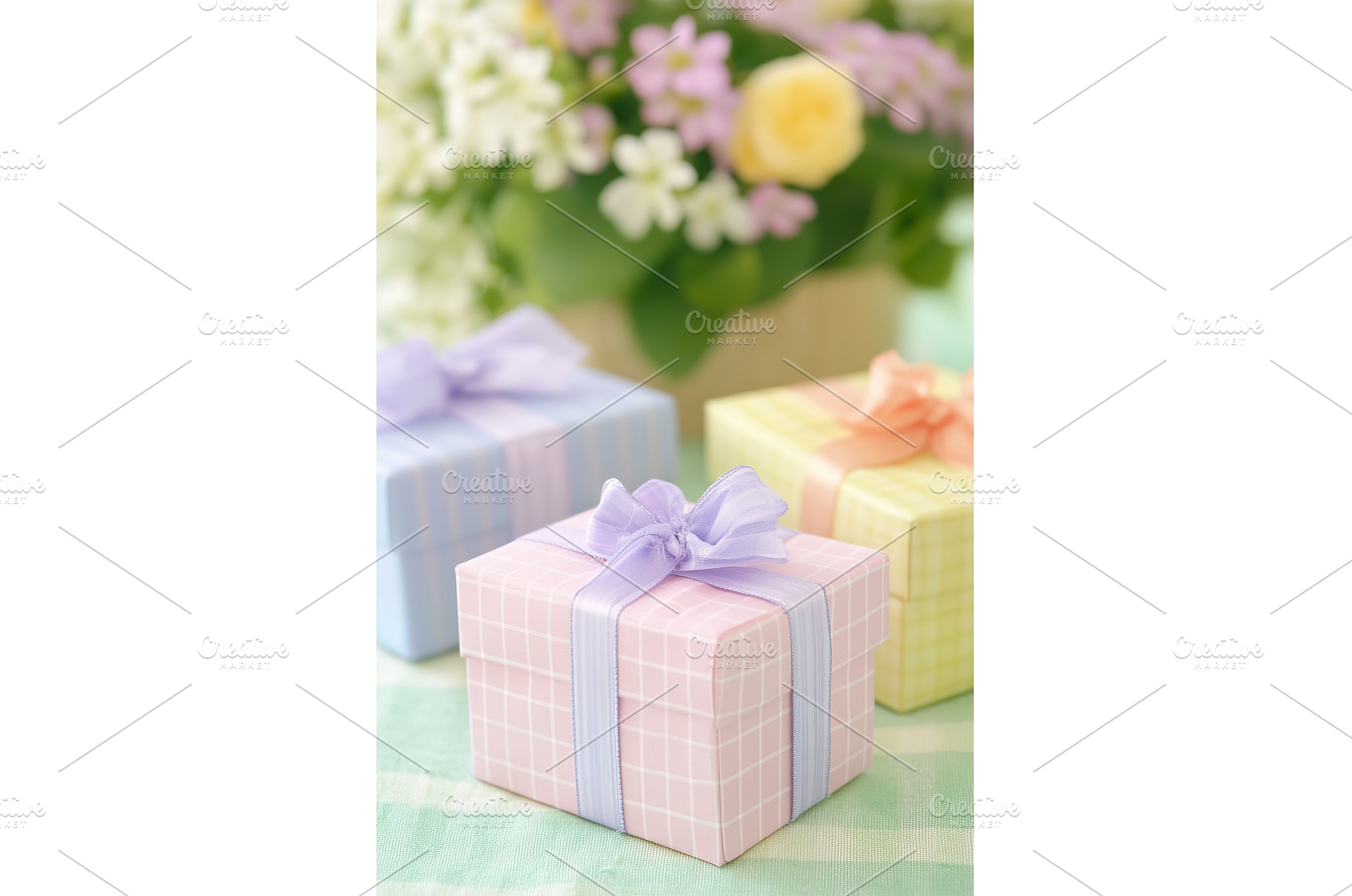 Pastel gift boxes with ribbons in a, a Background Photo by Lermont51