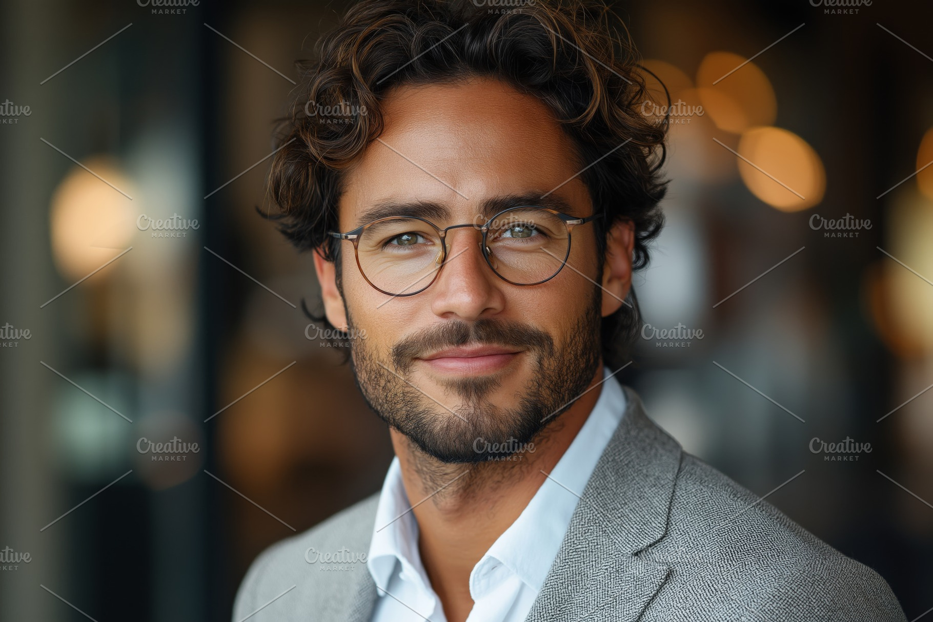 Confident man with curly hair and glasses, exuding charm in a stylish suit agai, a Person Photo by ImageMir