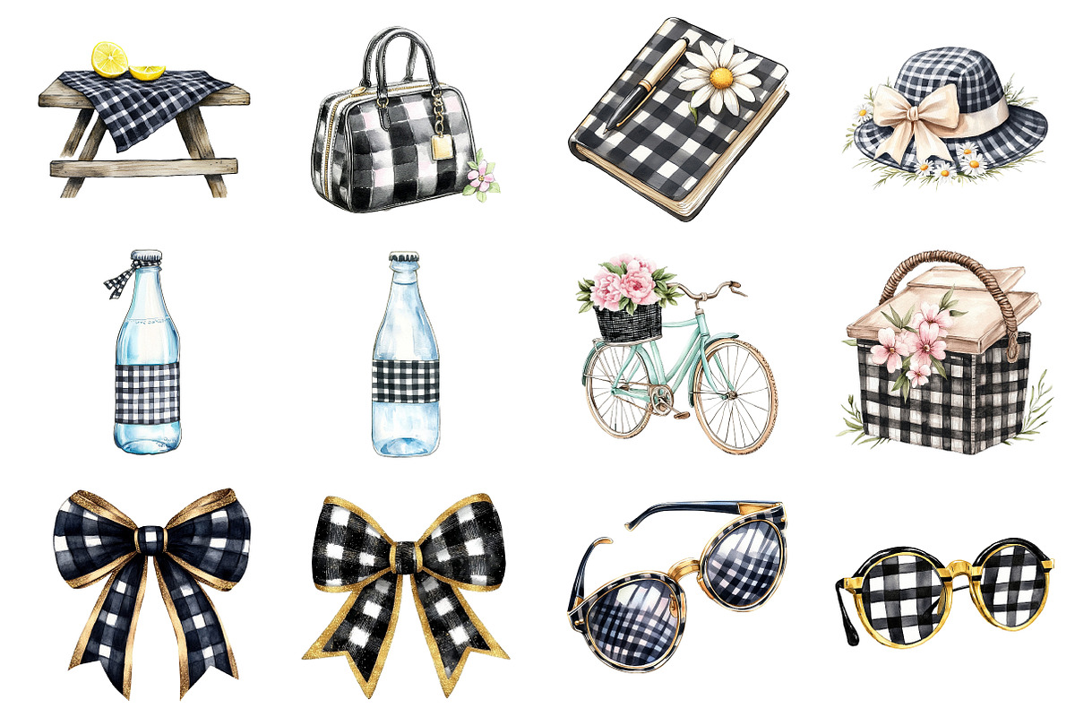 Luxury Black Gingham Summer Clipart, an Illustration by Watercolor design (Photo 2 of 12)