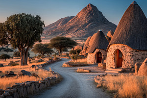 Desert village with cone roof huts along a dusty road at sunset, a Photo by AS photostudio