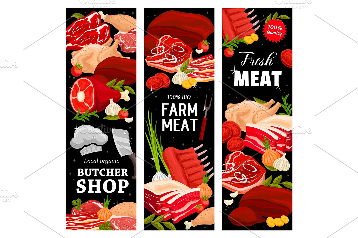 Meat, butcher shop banners, a Food Illustration by Vector Tradition