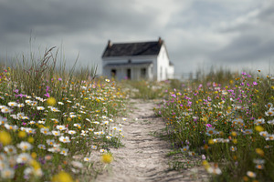 Flower path leading to a small house, a Photo by Beautiful things