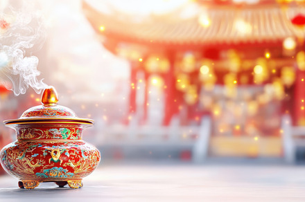 Burning incense sticks in a soft turquoise holder with wisps of smoke, set agai, a Holiday Photo by Mashimara