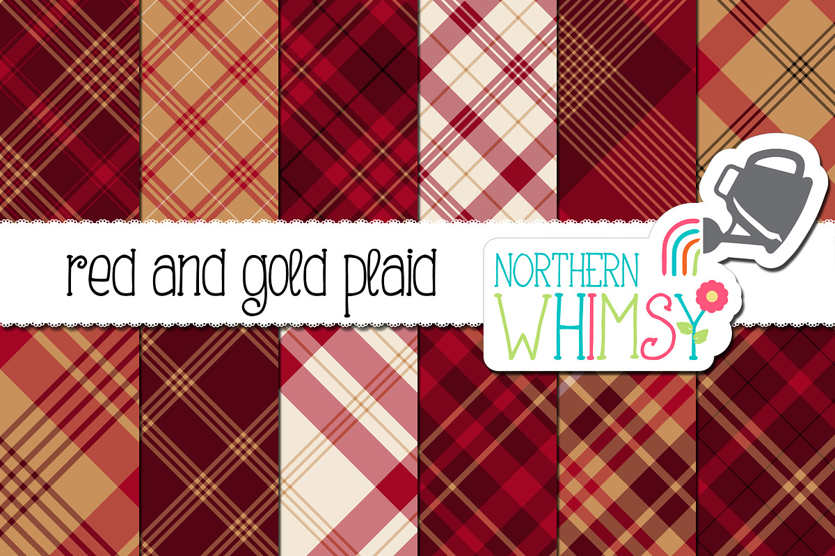 Red & Gold Christmas Diagonal Plaid, a Pattern Graphic by Northern Whimsy Design