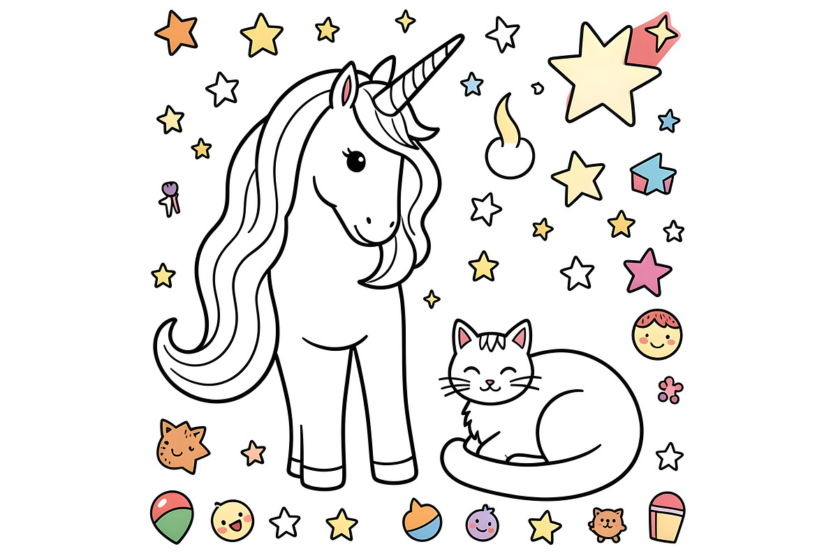 Cute Unicorn and Cat Coloring Page, an Animal Illustration by Sharon Schwalbe (Photo 5 of 5)