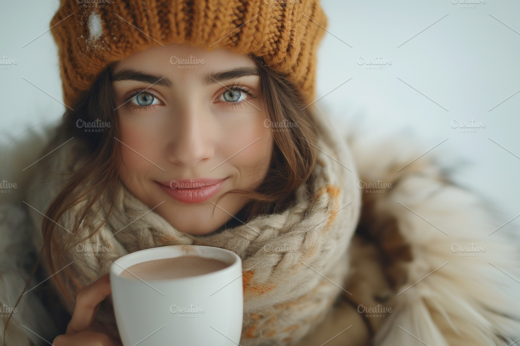 A young woman with long dark hair and striking blue eyes enjoys a warm drink, w, a Person Photo by ImageMir