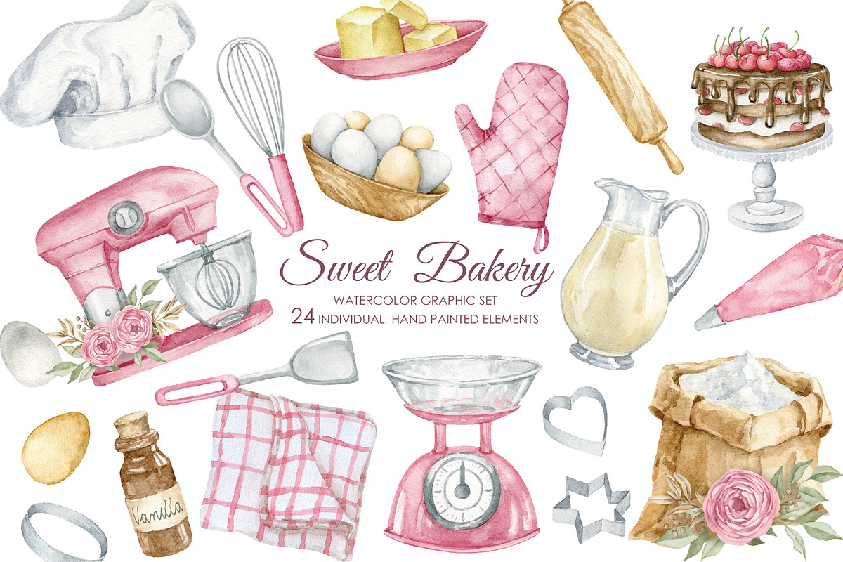 Watercolor pink bakery clipart, a Graphic by AquarelleSpace (Photo 1 of 4)