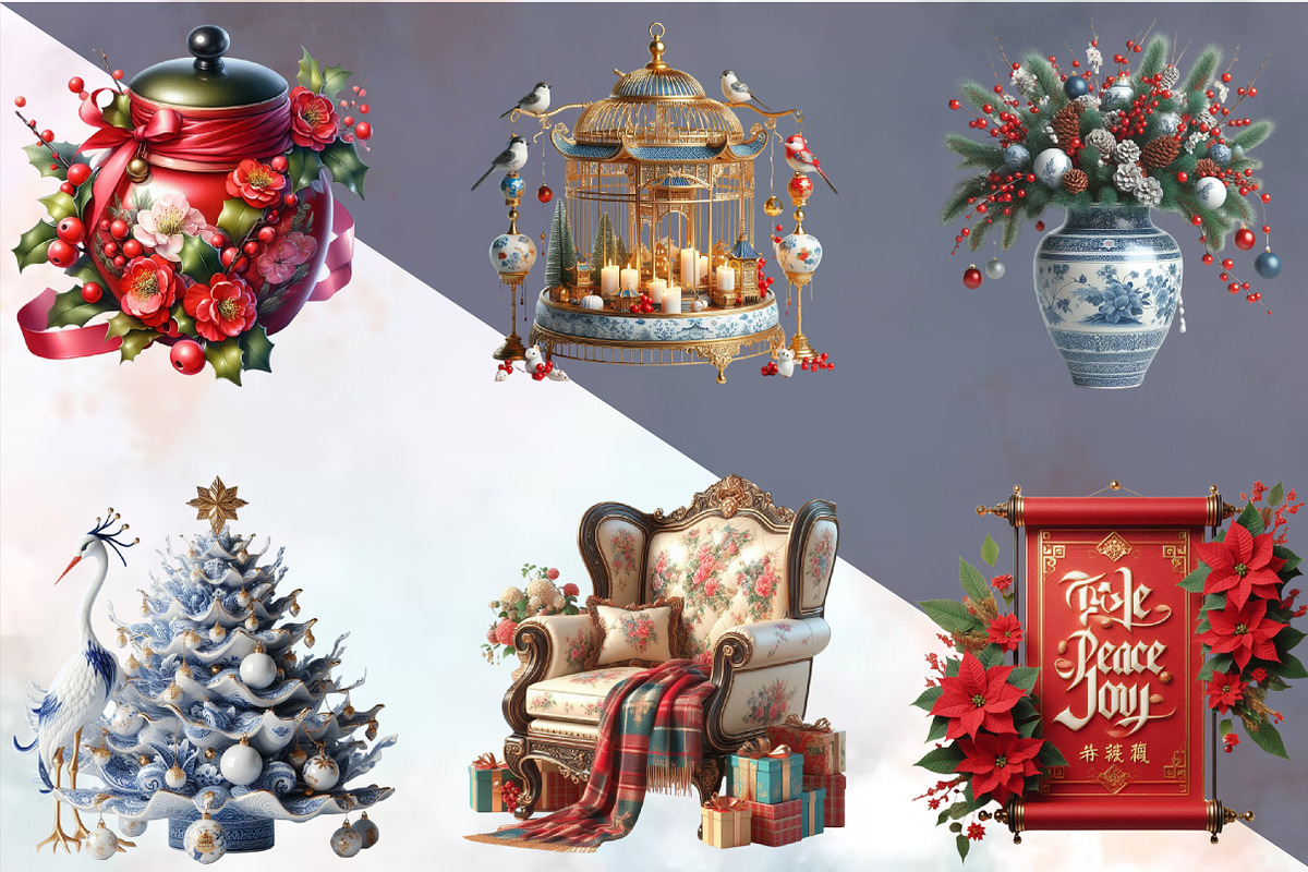 Christmas Chinoiserie Clipart Bundle, an Illustration by SVGArt (Photo 8 of 8)