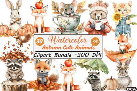 D Autumn Cute Animals Clipart Bundel