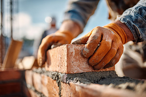 Construction workers are building a brick wall with mortar, focusing on precisi, an Industrial Photo by AlyaAnd