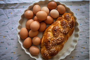 Homemade braided bread and eggs on, a Food & Drink Photo by HalfPoint