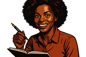 Smiling Woman Writing in Notebook, a Person Illustration by AlexArt