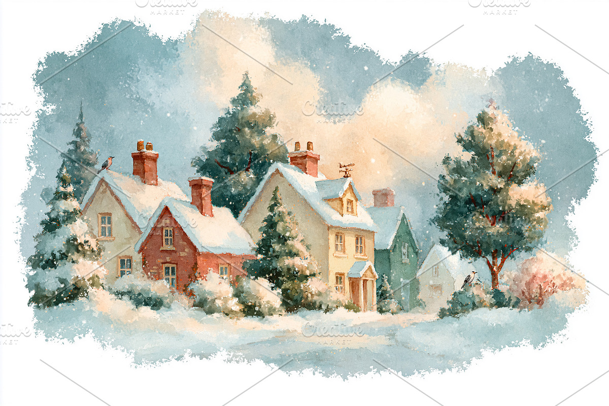 Winter village scene painted in watercolor, featuring snow cover, a Decorative Illustration by Studio ANNA