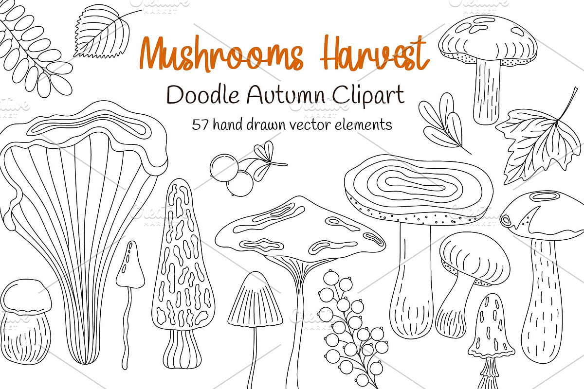 Mushroom Harvest Autumn Doodle Set, a Seasonal Illustration by Contes_de_fée (Photo 1 of 9)