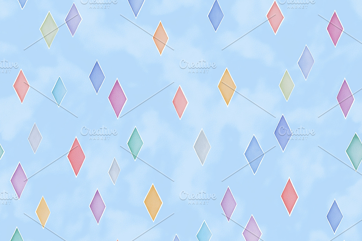 Seamless pattern, scattered vibrant diamond shapes floating on a smooth blue su, a Pattern Graphic by Studio ANNA
