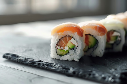 Assorted tasty sushi food on black board, a Food & Drink Photo by AlyaAnd