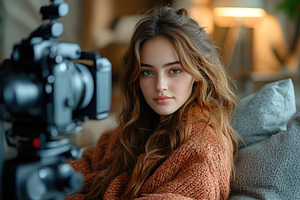 Modern girl blogger in fashion clothes with recording equipment, a Person Photo by AlyaAnd