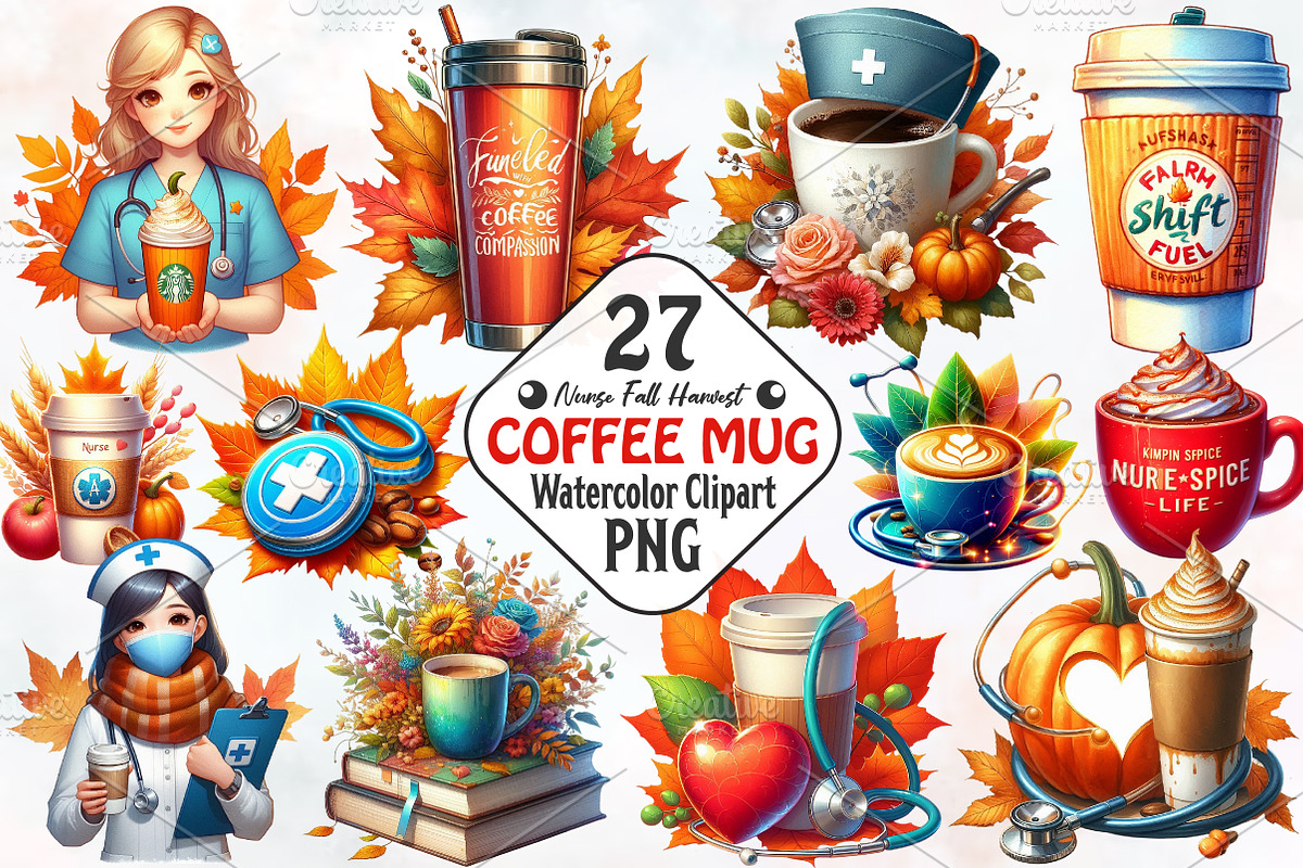 Nurse Fall Harvest Coffee Mug Clipar, an Illustration by RobertsArt (Photo 1 of 7)