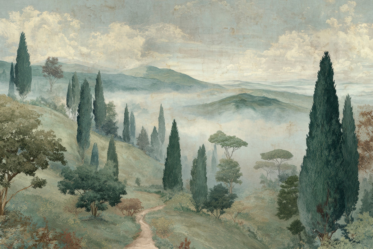 Misty Tuscan Landscape Wallpaper, a Decorative Illustration by Virgo Studio