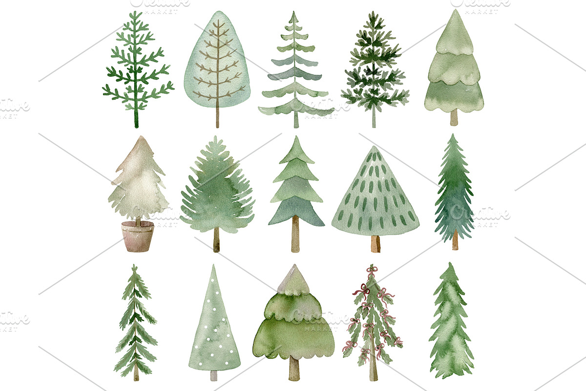 Watercolor Christmas trees clipart., a Decorative Illustration by TaPilipa (Photo 2 of 8)