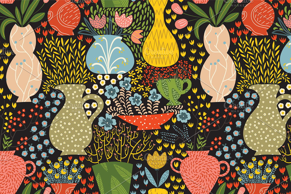Flowers&Vases seamless pattern, a Pattern Graphic by Daria Miazhevich (Photo 3 of 5)