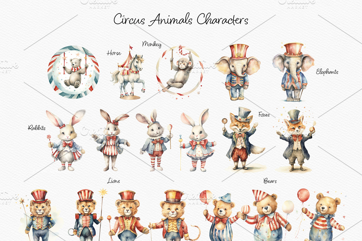 Watercolor Circus Animals Collection