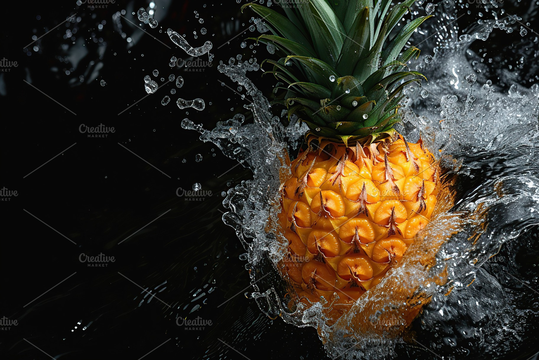 Fresh ripe pineapple falling in water with splashes on black background, a Food & Drink Photo by AlyaAnd