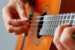Close-up of hands playing an acoustic guitar, an Arts & Entertainment Photo by AlyaAnd