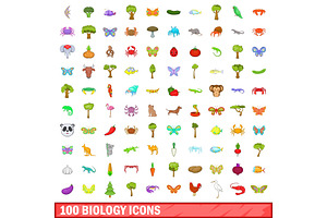 100 Biology Icons Set, Cartoon Style