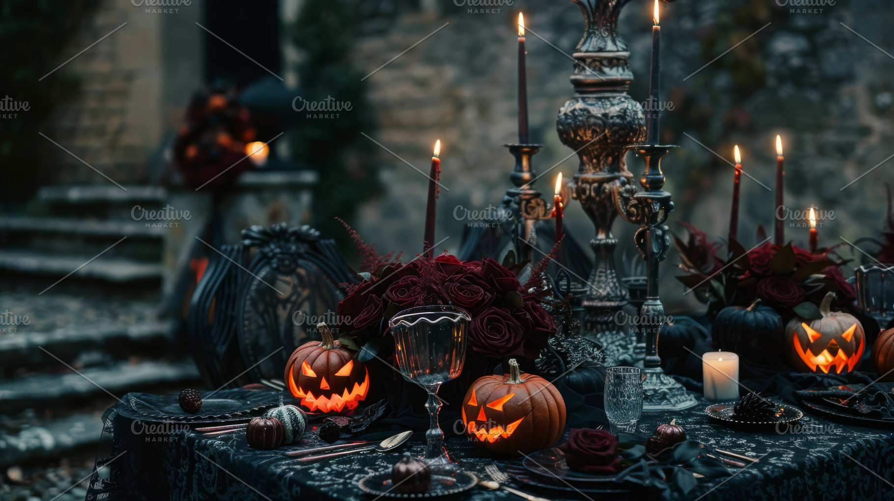 Rustic Halloween table setting with elegant black details, perfe, a Holiday Photo by Mashimara