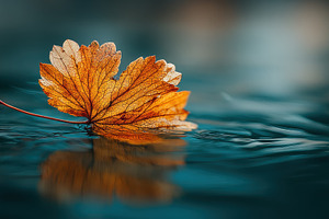 Dried leaf floats on teal water autu, a Photo by Pixeness Studio