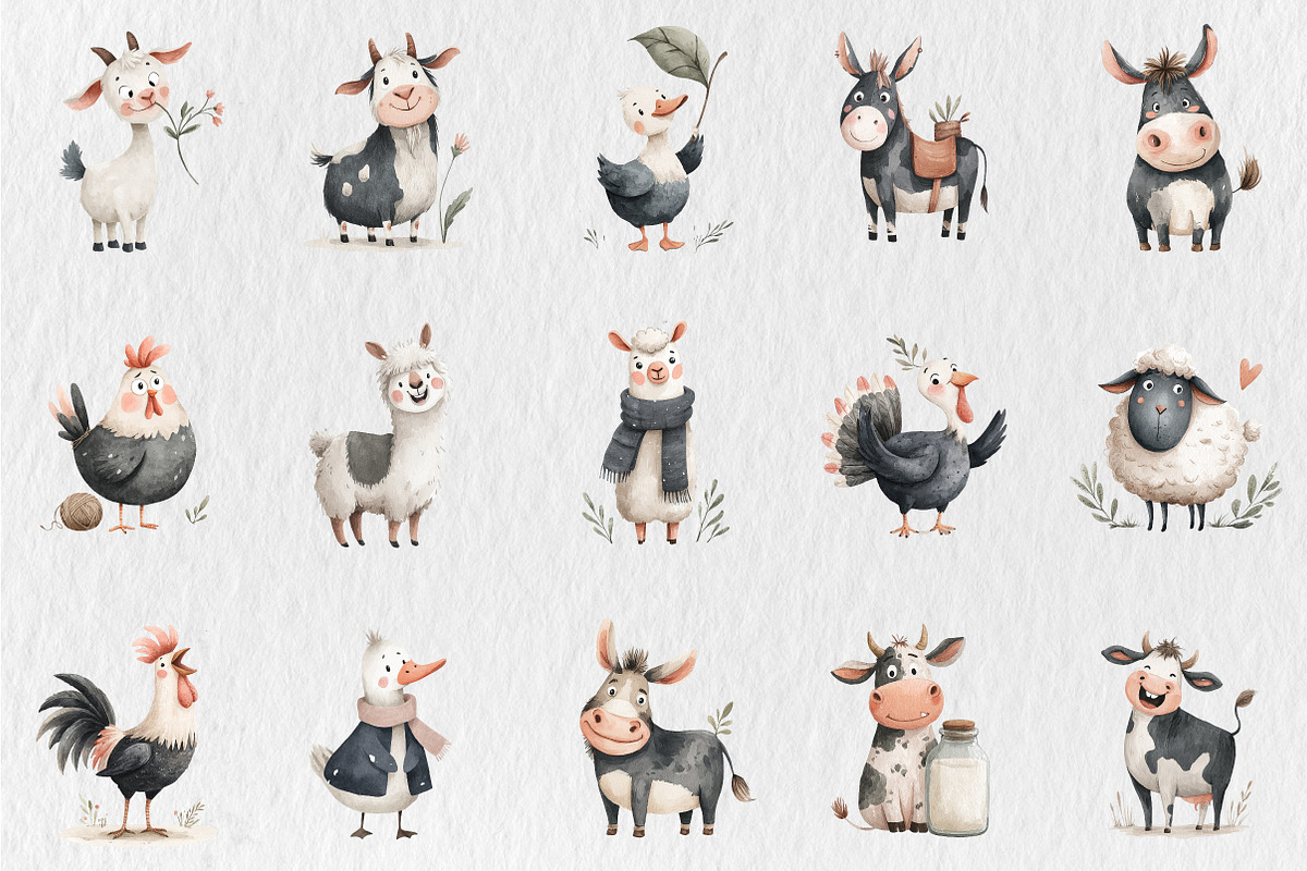 Watercolor Funny Farm Animal Clipart, a Seasonal Illustration by Rose Art (Photo 2 of 7)