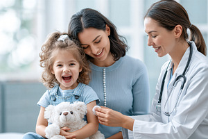 Doctor examining young girl with mom, a Health & Medical Photo by 7DesignLab