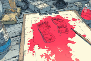 Crime scene footprint outline with red blood stain on clipboard surrounded by f, a Photo by AS photostudio