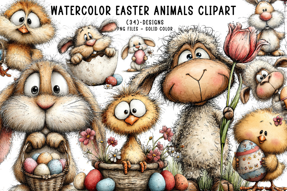 Watercolor Easter Animals clipart, an Illustration by CreationArt (Photo 1 of 6)