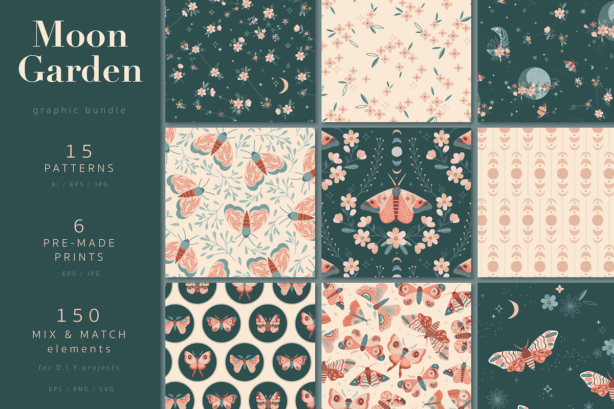 Moon Garden pattern & clipart, a Pattern Graphic by @olga.angelloz (Photo 1 of 16)