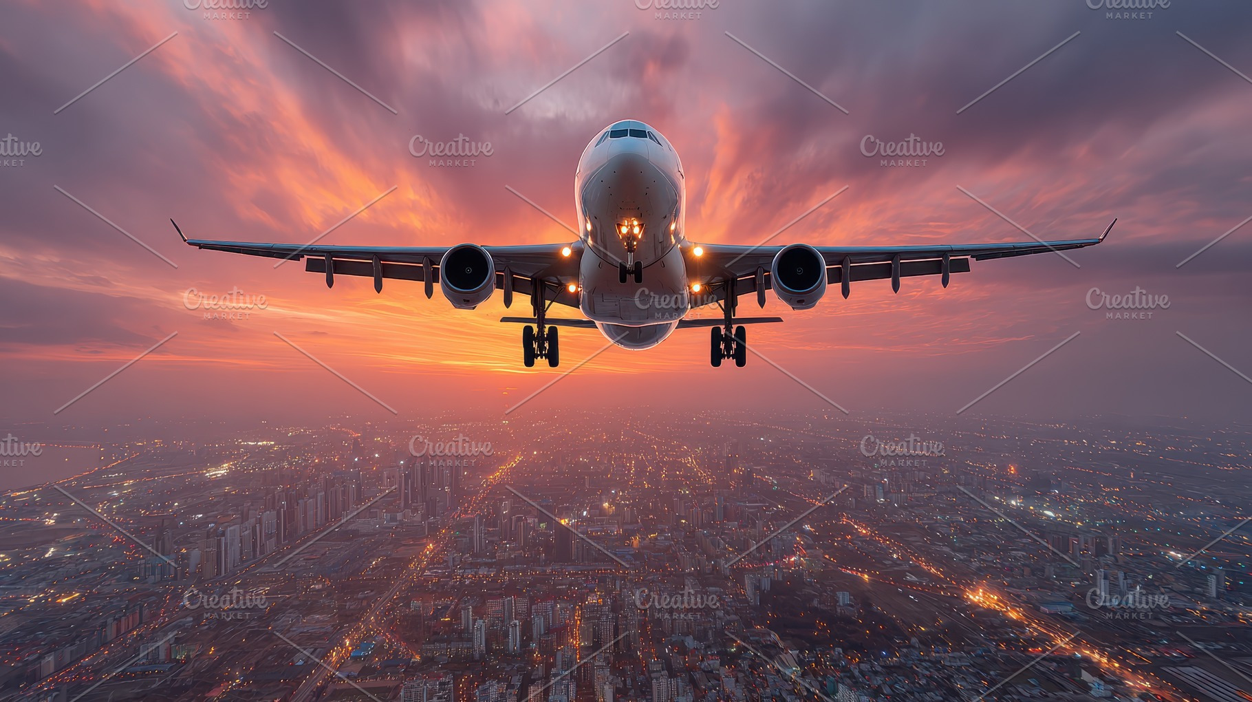 Airplane landing over city sunset vi, a Photo by Pixeness Studio