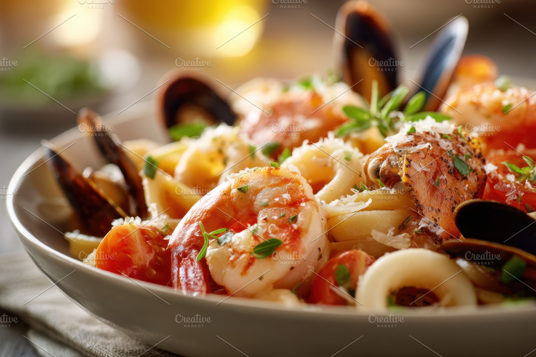 Delicious seafood pasta with shrimp and mussels, a Food & Drink Photo by AlyaAnd