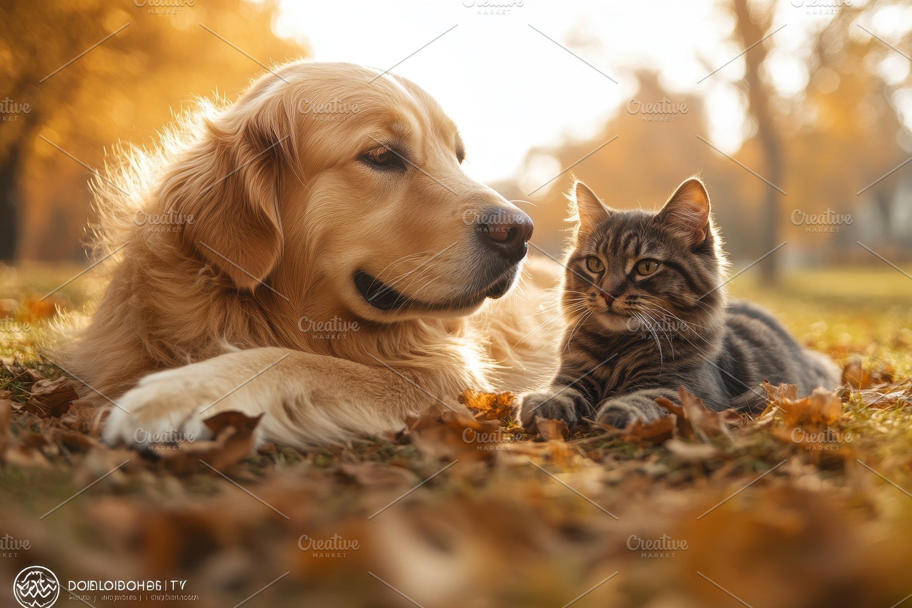 Golden retriever and tabby cat resti, a Photo by Tanuart